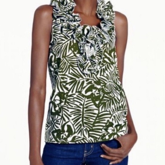 KATE SPADE Orchid Lucille Ruffled Textured Tank Top in Green & White - 6 - Picture 1 of 14